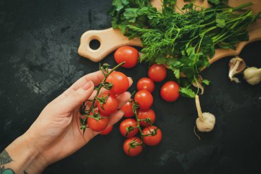 Salata için taze sağlıklı sebzeler. Kirazlı domates ve maydanoz, dereotlu. Karanlık arka plan. Metin için boş alan. Domatesler ellerde. Yiyecek.