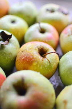 Sulu olgun elmalar. Kırmızı-yeşil elmalar bir sırada düzgünce istiflenir. Tahta kutuda meyveler.