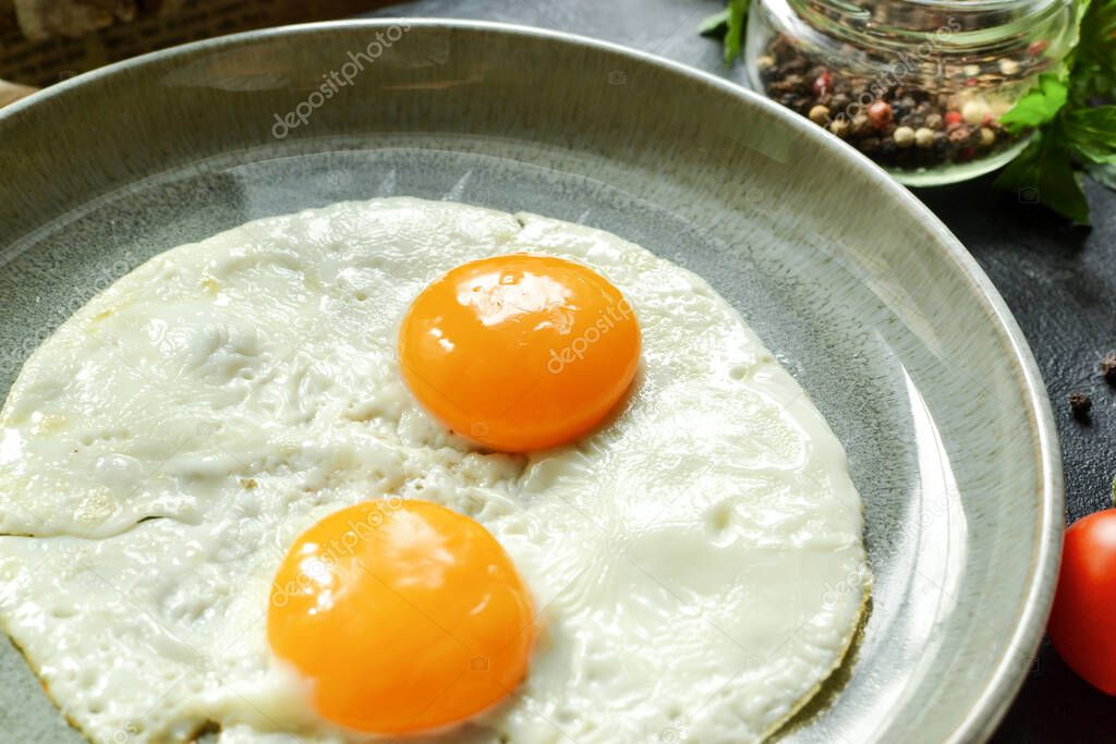 Fried eggs in a plate. Yolk close-up. Tasty breakfast. Appetizing egg breakfast