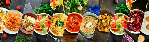 Collage of various food. Tasty and healthy lunch. Food in plates, top view. A varied menu.