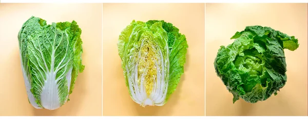 The food is minimal in style. Creative healthy food concept. Chinese cabbage on a yellow pastel background. Vegetarian food, vegetables. Top view, flat lay, free place for text. Collage