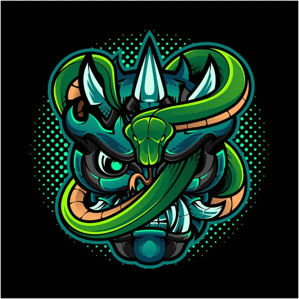 Yeşil Yılanlı Oni Baş Maskotu Logosu — Stok Vektör