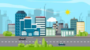 Düz bir tarzda endüstriyel fabrika. Üretim binasının vektör çizimi. Eco City peyzaj konsepti. Bina tesisleri ve enerji santralleri olan bölge veya alan karikatür fabrikaları.