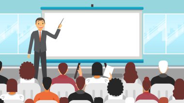 Pazarlama satışları hakkında sunum ve profesyonel eğitim yapan bir seminer konuşmacısı. Seyirciler için motivasyonlu konferansın düz vektör illüstrasyonu.