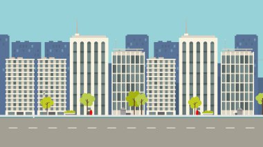 Büyük modern binaları ve banliyö özel evleri olan şehir manzarası. Sokak otoyolu konsepti şehir banliyö hayatı. Düz biçimli vektör illüstrasyonu.