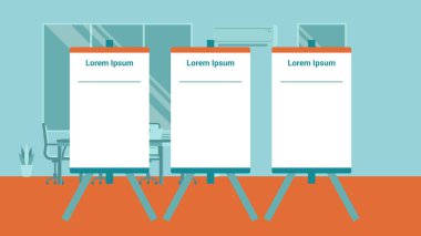 Easel yassı ikon tasarım vektör çizimi. Boş sunum tahtası. Çizelgeyi çevir. Beyaz ahşap sehpalar ve maketler. Arkaplanda boş tuvaller izole edildi.