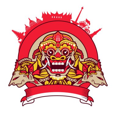 Barong Bali maskesinin vektör çizimi. Geleneksel Balili ayini kırmızı, sarı ve beyaz renkte. Hindu dövme sanatı etnik sembolü. Yazdırma için ruhani tasarım.