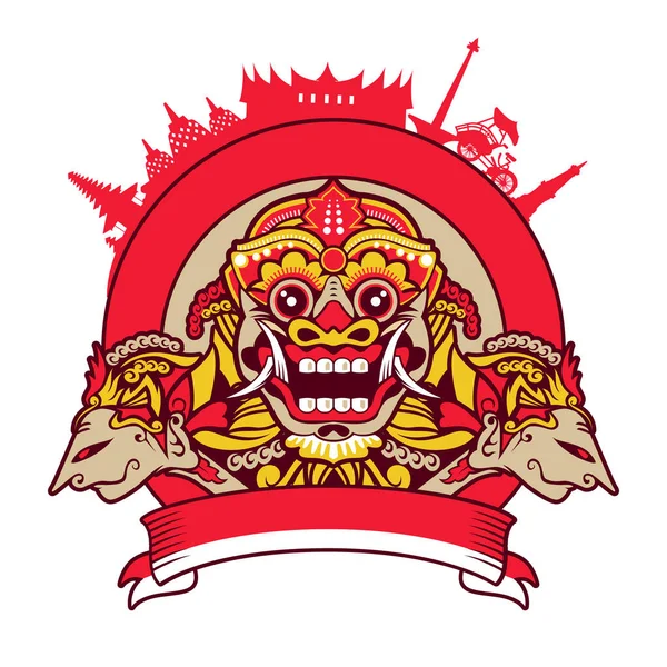 Vector Illustration Barong Bali Mask Traditional Ritual Balinese Red Yellow — Stock Vector