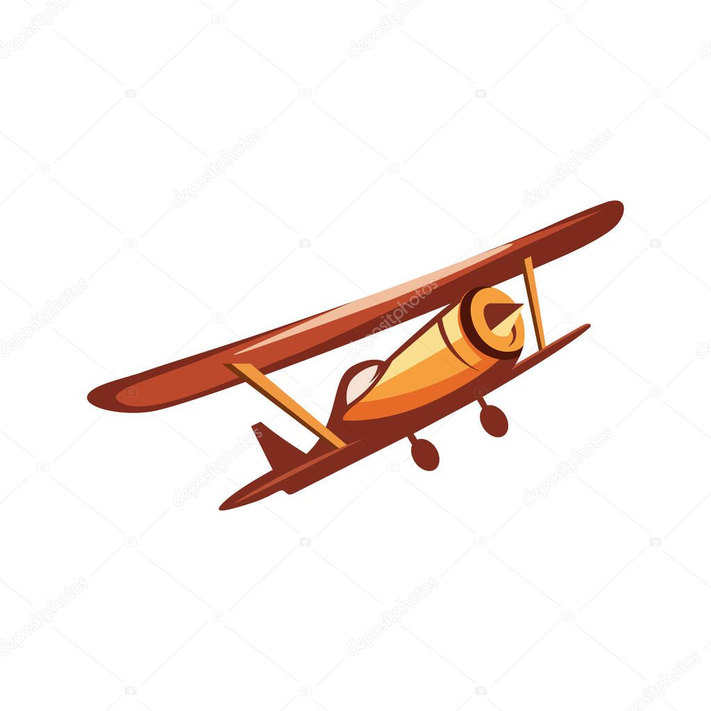 illustration of biplane is old model aircraft propeller with two wings. Aircrafts in the sky vector cartoon design.