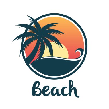 Plaj merkezi ve yaz temalı logo tasarım vektör şablonu. Günbatımı illüstrasyonlu tropikal tatil.