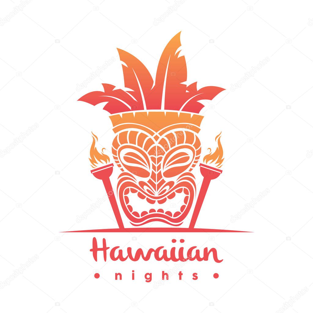 Tiki mask vector illustration logo. Icon of ethnic or character smiling. Symbolize power. Hawaiian totem template.