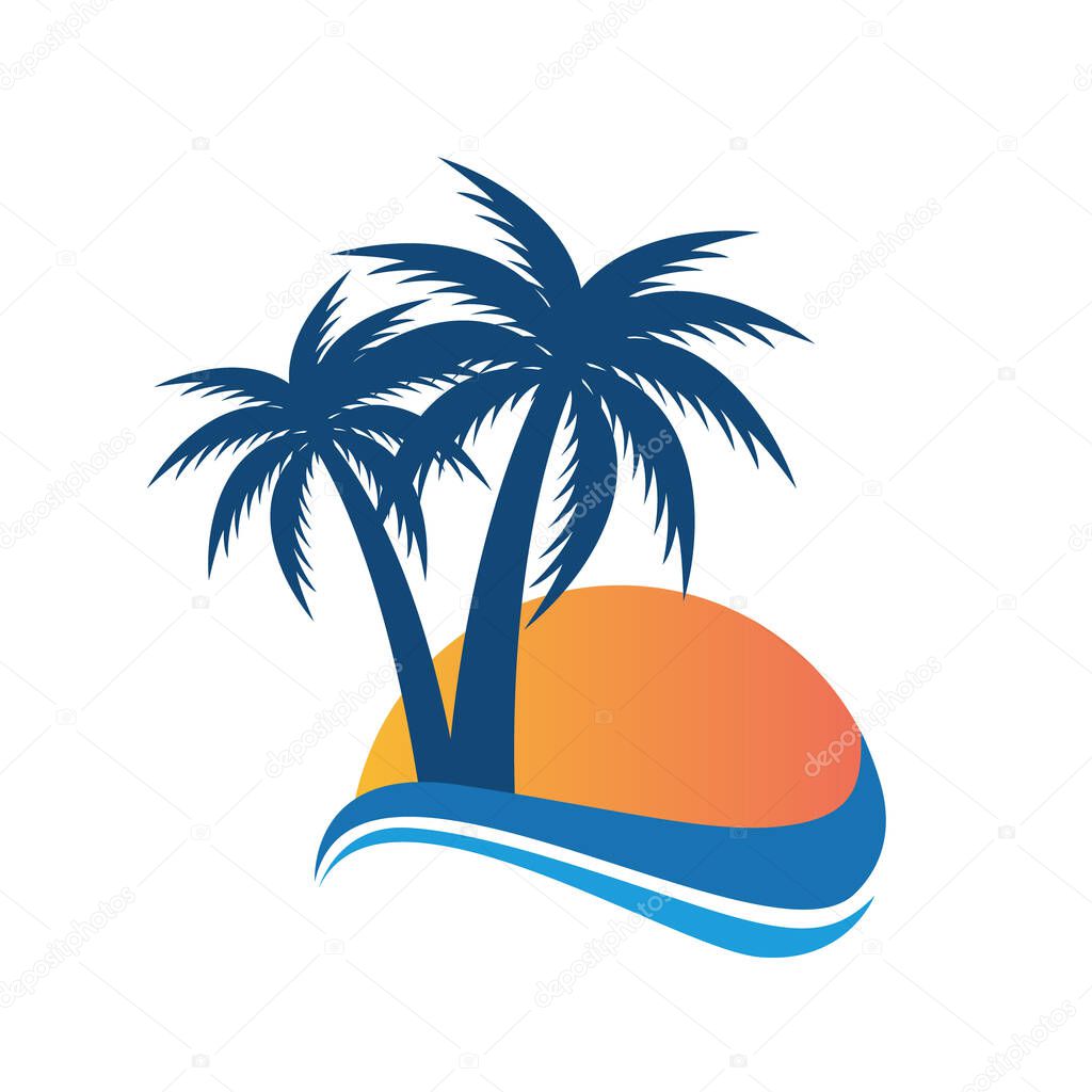 Natural beach house logo design vector template. Creative symbol or icon. Summer vacation on tropical sunset with Palm trees illustration.
