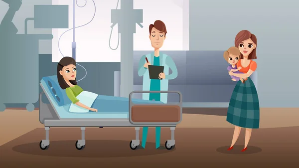 医者は医療ベッドに横たわっている女性患者を訪問します ベクトルイラストフラットスタイル 集中治療室のコンセプト病院室内近代的なクリニック水平 — ストックベクタ