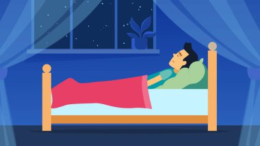Adam gece karikatür tarzında battaniyenin altında uyur ve tatlı rüyalar görür. Pencere konsepti şablonu olan bir oda. Cool vektör düz çizim tasarımı.