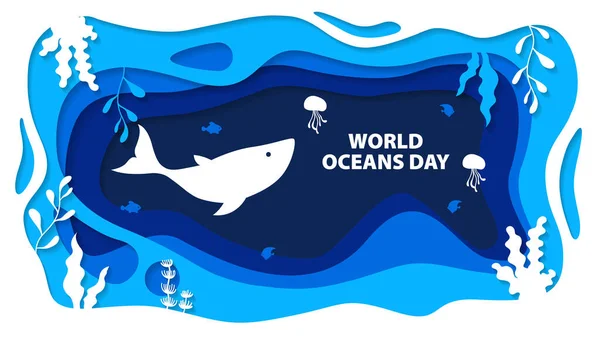 世界の海の日クラフト紙アート 世界は魚や植物を守ることに専念しています ビーチ生態系保全の概念 波折り紙 — ストックベクタ