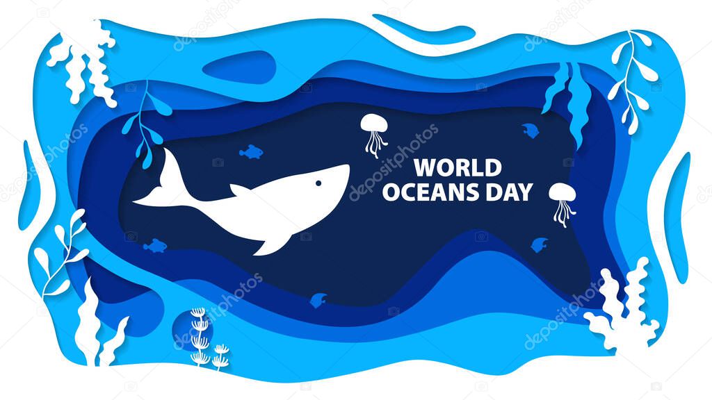World oceans day craft paper art. The Global celebrate dedicated to protect fish or plants. Beach ecosystem conservation concept. Sea waves origami.