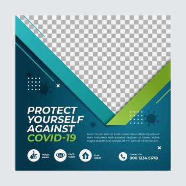 Corona virüsü veya covid-19 sosyal medya paylaşımı için düzenlenebilir kampanya afişi. Güvenli Şablon.
