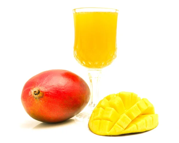 Mango Juice Mango Cubes Isolated White Background Glass Mango Juice — Stock Photo, Image