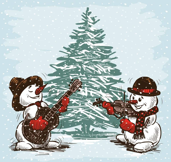 Snowmen musicians at a Christmas tree — Stock Vector