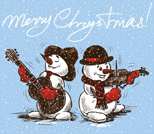 Різдвяна листівка з музикантами сніговиками — стоковий вектор