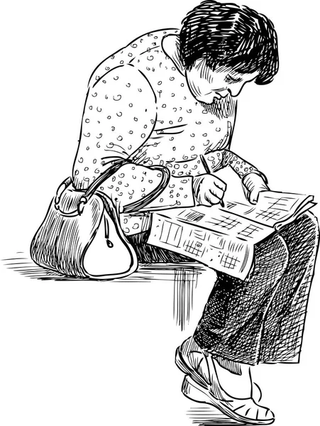 Mulher idosa resolve um quebra-cabeça de palavras cruzadas em um banco de parque — Vetor de Stock