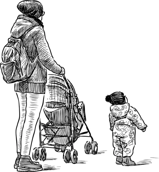 Junge Mutter mit ihrem Kind beim Spaziergang — Stockvektor