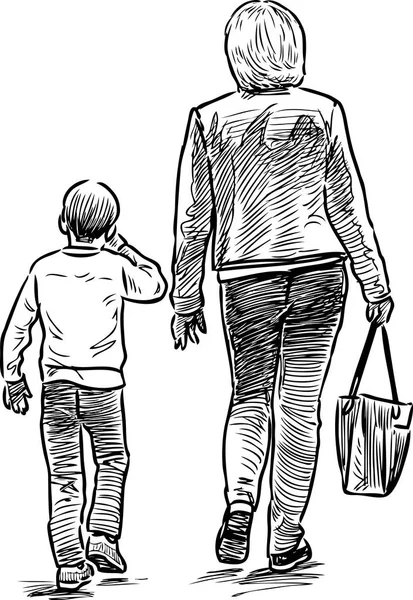 Bosquejo Una Madre Con Hijo Dando Paseo — Vector de stock