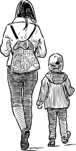 一个年轻的母亲与她的孩子去散步 — 图库矢量图片