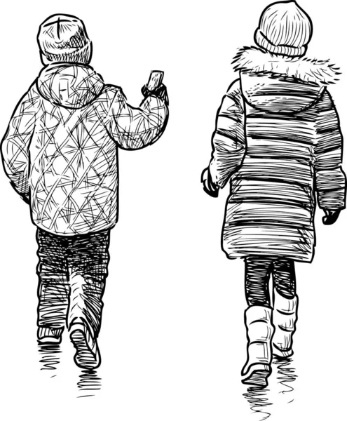 Sketch Little Boy Mobile Phone Little Girl Going Street Together — Stock Vector