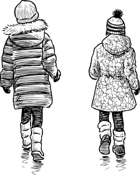Szkic Małych Dziewczynek Idących Ulicą Zimowy Dzień — Wektor stockowy