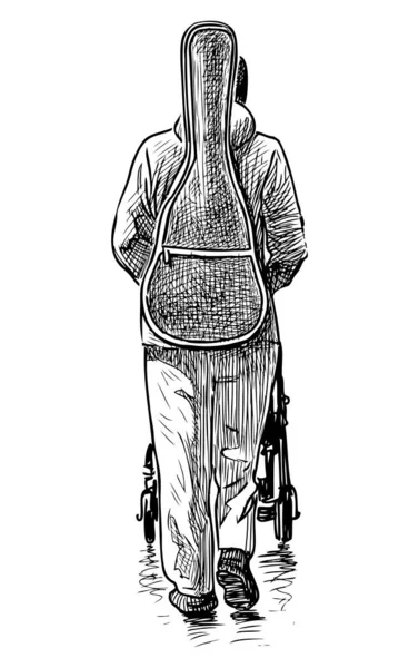 Σκίτσο Της Γυναίκας Κιθαρίστας Άμαξα Μωρό Περπάτημα Κατά Μήκος Του — Διανυσματικό Αρχείο