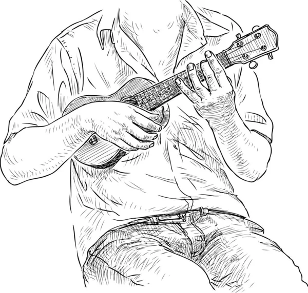 Tekening Van Persoon Zitten Spelen Van Ukelele — Stockvector