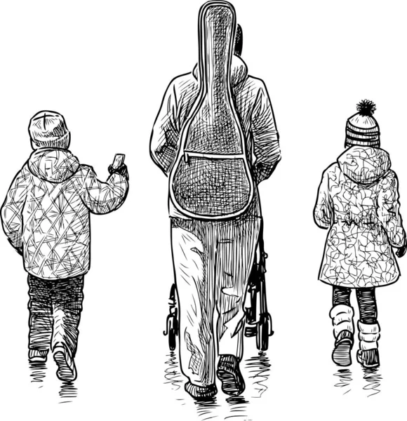 Sketch Woman Guitarist Her Children Walking Street Royalty Free Stock Illustrations