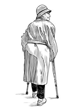 Koltuk değnekleriyle caddede yürüyen yaşlı kadın çizimi.