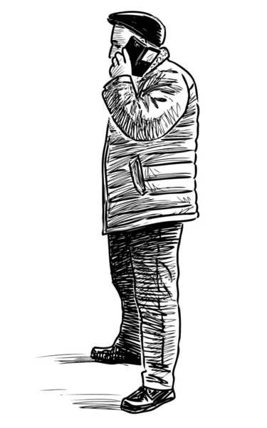 Sketch Casual Townsman Standing Street Talking Mobile Phone — ストックベクタ