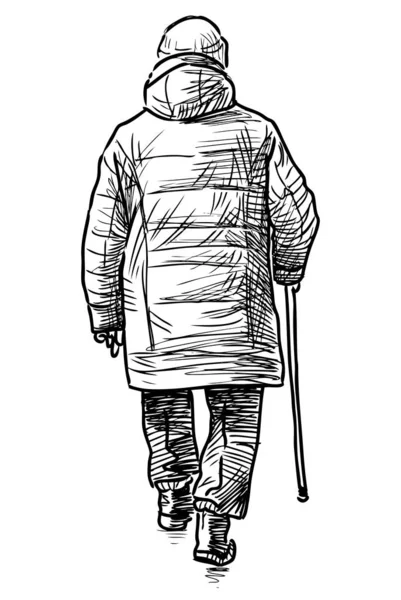 Σκίτσο Της Ηλικιωμένης Γυναίκας Ραβδί Περπάτημα Μια Βόλτα — Διανυσματικό Αρχείο