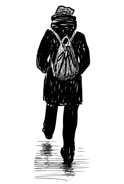 Σκίτσο Του Μοναχικού Πολίτη Σακίδιο Περπάτημα Κατά Μήκος Του Δρόμου — Διανυσματικό Αρχείο