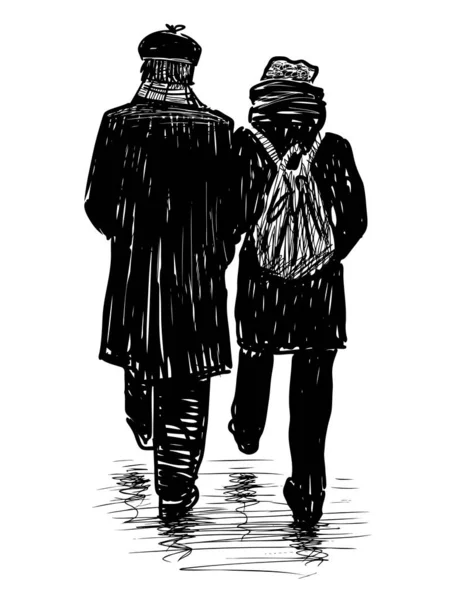Sketch Townspeople Couple Walking Street — Stock vektor