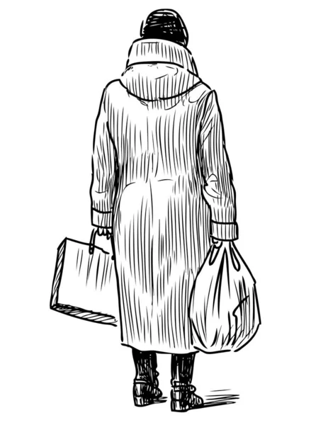 Sketch Elderly Townswoman Bags Standing Street Wait — ストックベクタ