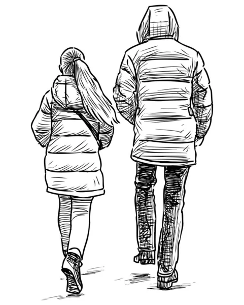 Sketch Teen Girl Her Father Walking Street Vector Graphics