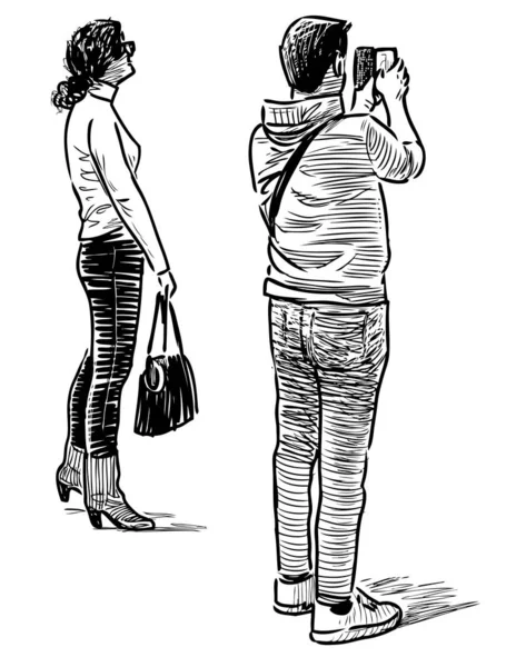 Sketch Citizens Couple Excursion Taking Picture Smartphone — ストックベクタ