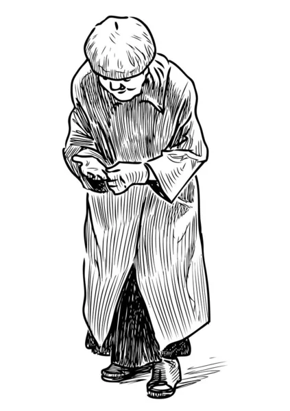 Sketch Poor Old Woman Standing Street Collecting Alms — ストックベクタ