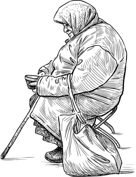 Sketch Beggar Old Woman Sitting Street Collecting Alms — ストックベクタ