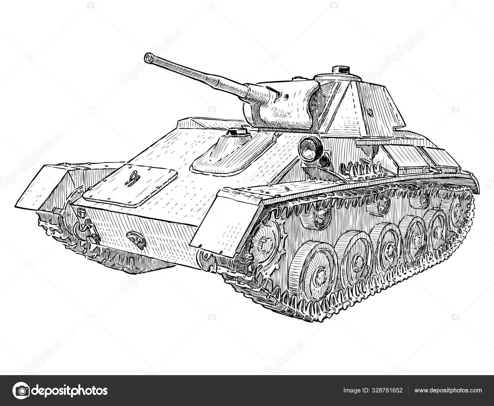 Freehand Drawing Battle Tank Second World War Векторное.