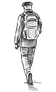 Sketch of casual townsman with backpack walking down street