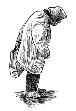 Sketch of beggar old woman standing on street and asking alms