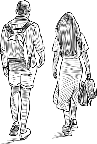Sketch Couple Young Townspeople Walking Street Summer Day — Stok Vektör
