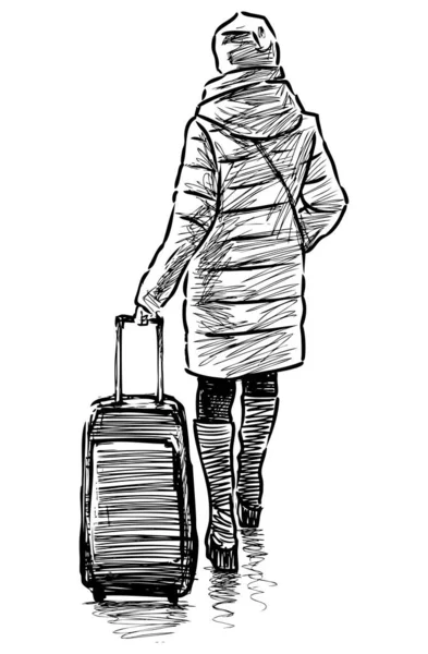 ストリートを歩いてスーツケース付きのカジュアルな女性のスケッチ — ストックベクタ