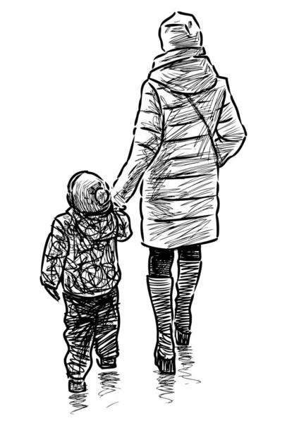 Sketch Young Mother Her Kid Walking Stroll — Stok Vektör