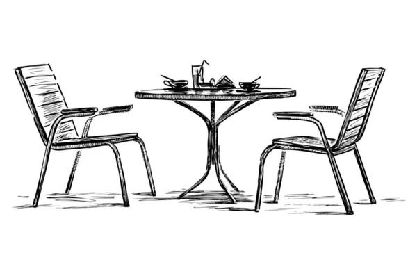 Skizze Von Tisch Mit Geschirr Und Stühlen Outdoor Café — Stockvektor